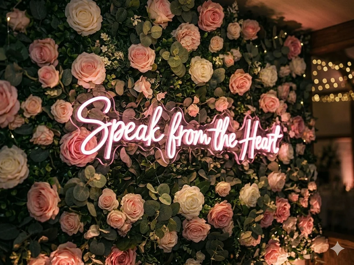 Neon signage glowing against the lush flower wall backdrop