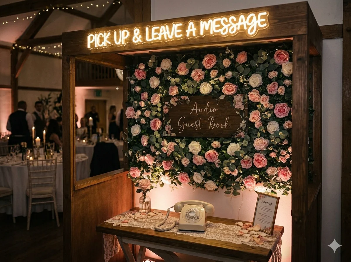 Full audio guestbook setup with vintage telephone, tabletop booth, neon signage, and flower wall