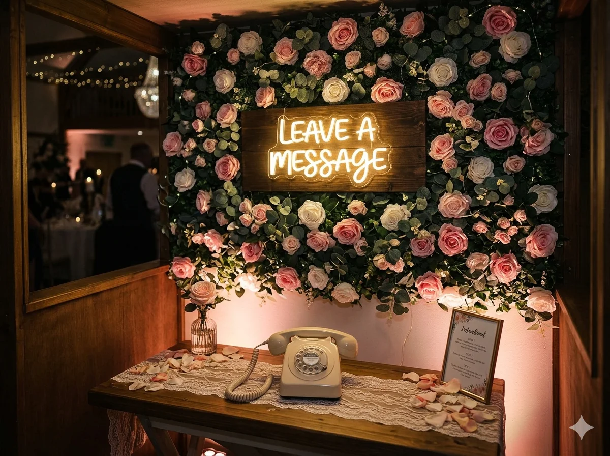 Vintage telephone Audio Guestbook setup with neon signage