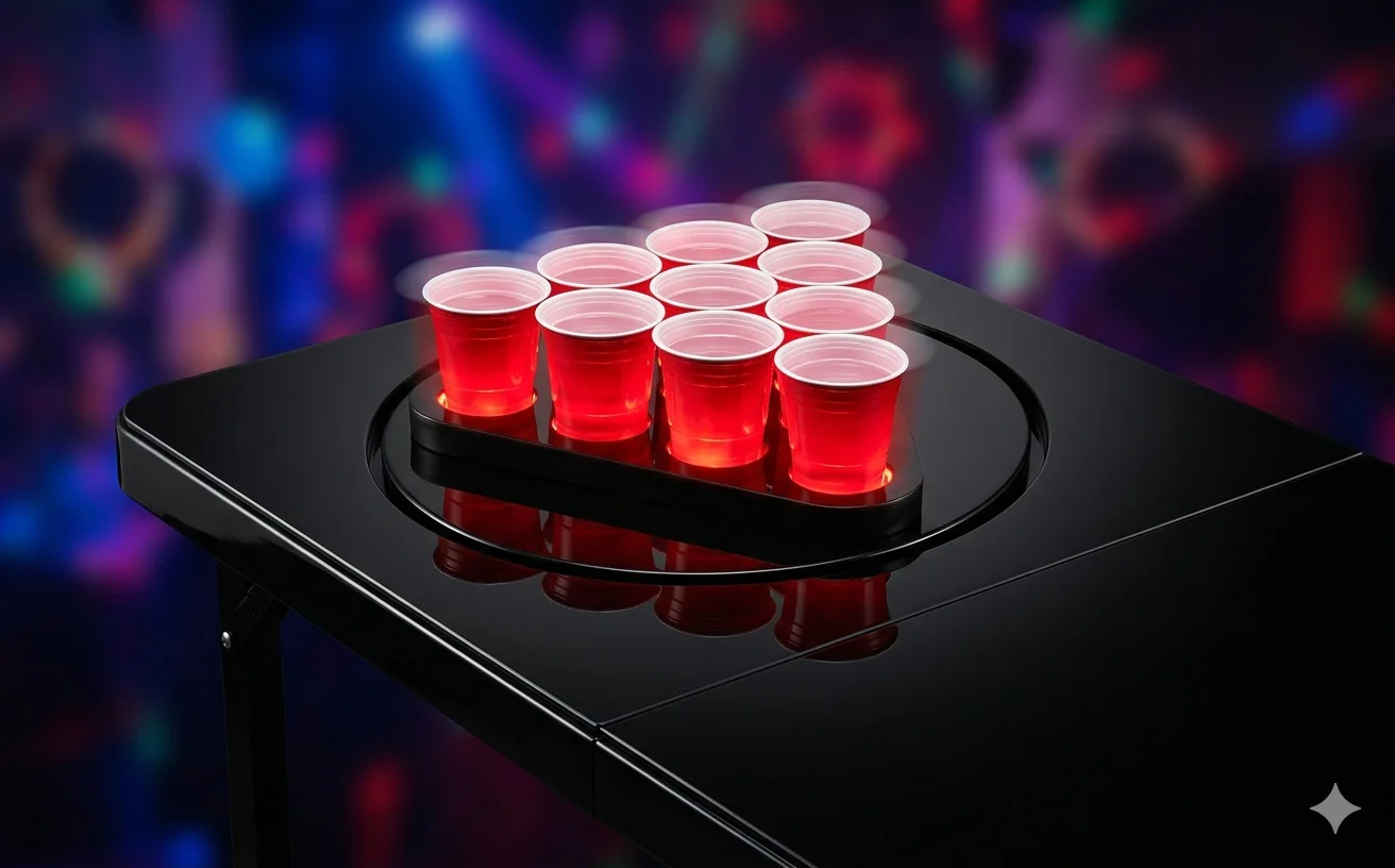 2-player spinning beer pong table with rotating cup triangles