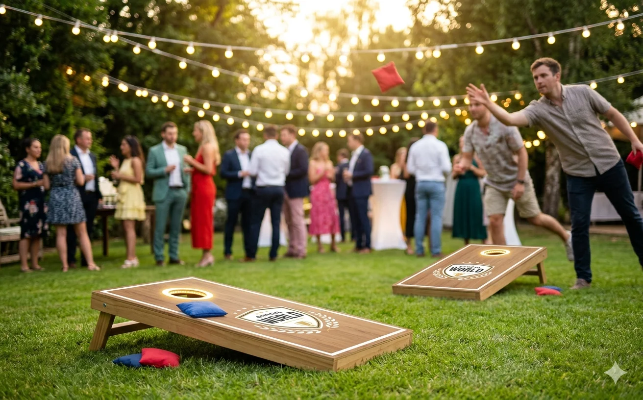 Premium cornhole boards set up at a party