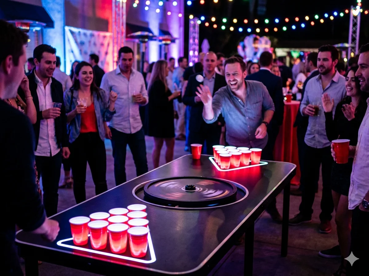 Beer Pong spinning table and Cornhole boards at a party