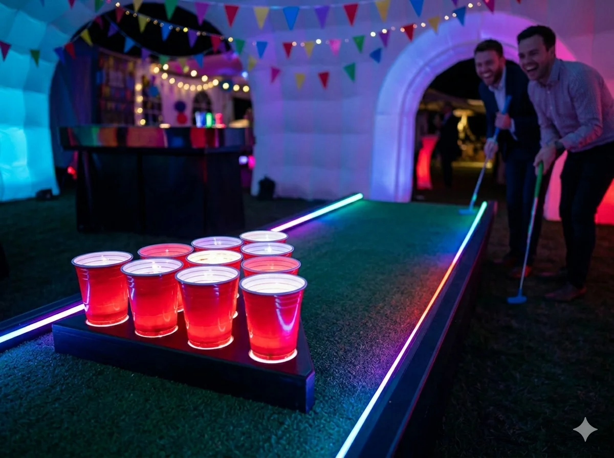 Beer Pong themed crazy golf hole with cup formations