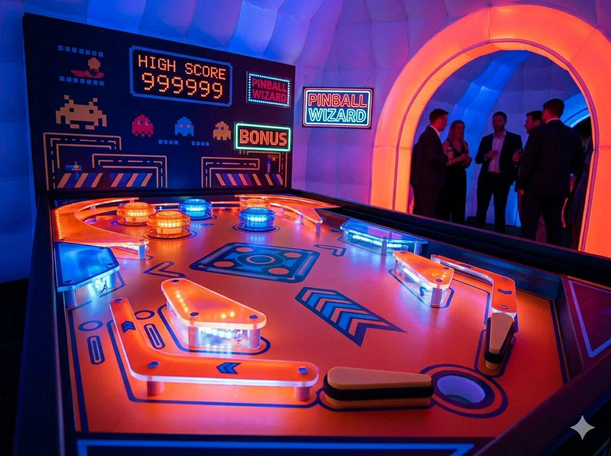 Pinball themed crazy golf hole with arcade-style bouncing bumpers and flippers