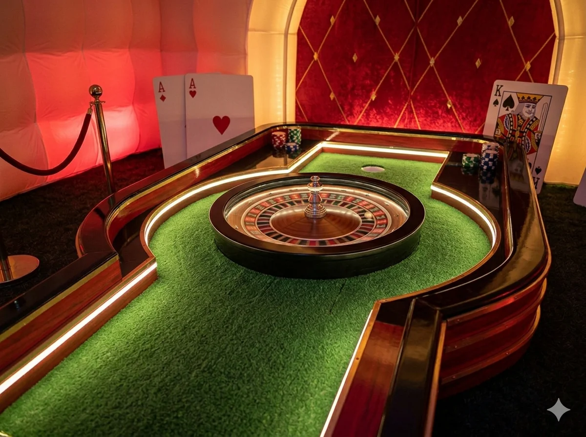 Roulette themed crazy golf hole with spinning casino wheel
