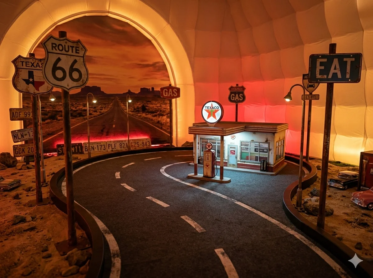 Route 66 themed crazy golf hole with nostalgic American highway road signs