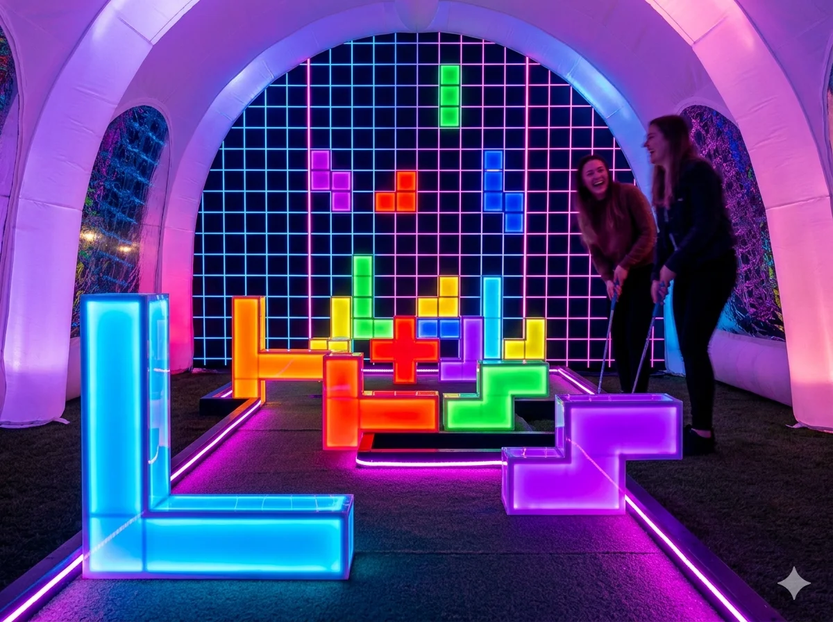 Tetris themed crazy golf hole with neon coloured falling blocks and grid layout