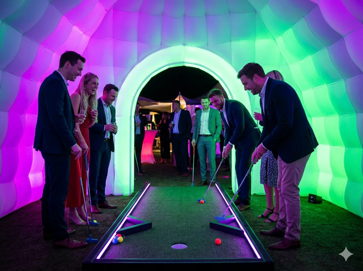 Crazy Golf setup with LED-lit inflatable tent at an event